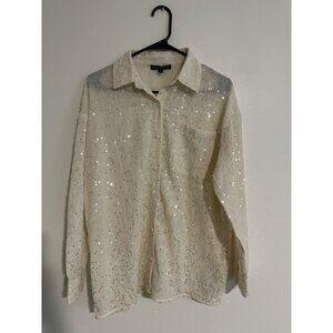 Blue Blush White Sequin Button-Up Collared Shirt Small
